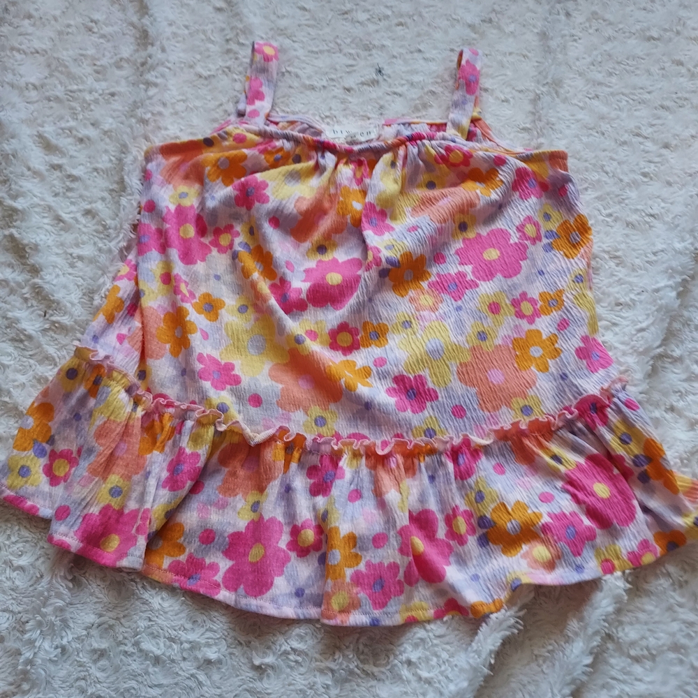 btween Ditsy Daisy Pink Yellow Floral Pop Over Ruffled Tank Spring Summer Large